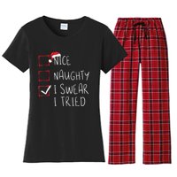 Nice Naughty I Swear I Tried Christmas List Xmas Santa Claus Women's Flannel Pajama Set