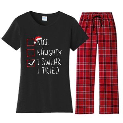 Nice Naughty I Swear I Tried Christmas List Xmas Santa Claus Women's Flannel Pajama Set