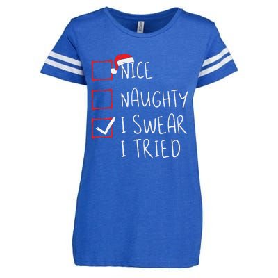 Nice Naughty I Swear I Tried Christmas List Xmas Santa Claus Enza Ladies Jersey Football T-Shirt