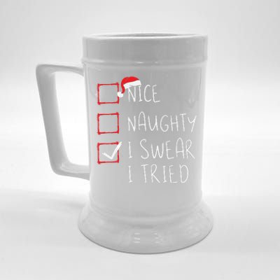 Nice Naughty I Swear I Tried Christmas List Xmas Santa Claus Beer Stein