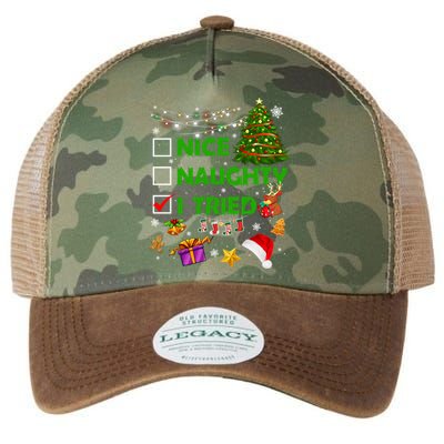 Nice Naughty I Tried Christmas Tree Light Funny Xmas Cool Gift Legacy Tie Dye Trucker Hat