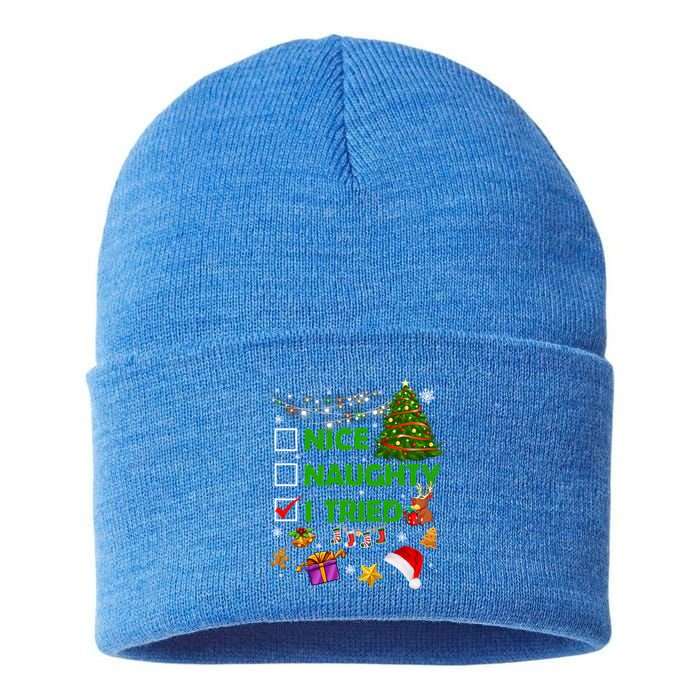 Nice Naughty I Tried Christmas Tree Light Funny Xmas Cool Gift Sustainable Knit Beanie