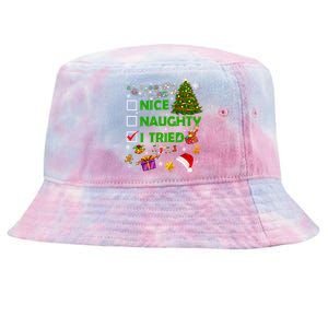 Nice Naughty I Tried Christmas Tree Light Funny Xmas Cool Gift Tie-Dyed Bucket Hat