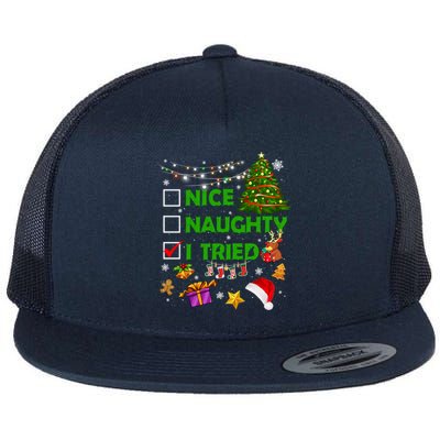 Nice Naughty I Tried Christmas Tree Light Funny Xmas Cool Gift Flat Bill Trucker Hat