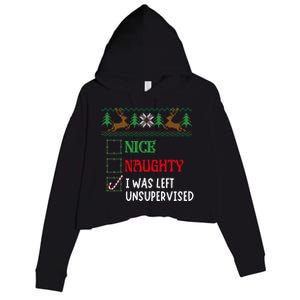 Nice Naughty I Was Left Unsupervised Funny Retro Christmas Cute Gift Crop Fleece Hoodie