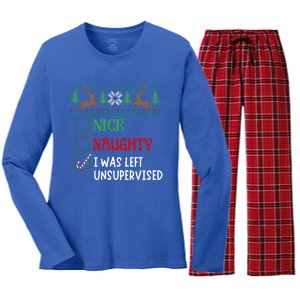 Nice Naughty I Was Left Unsupervised Funny Retro Christmas Cute Gift Women's Long Sleeve Flannel Pajama Set 