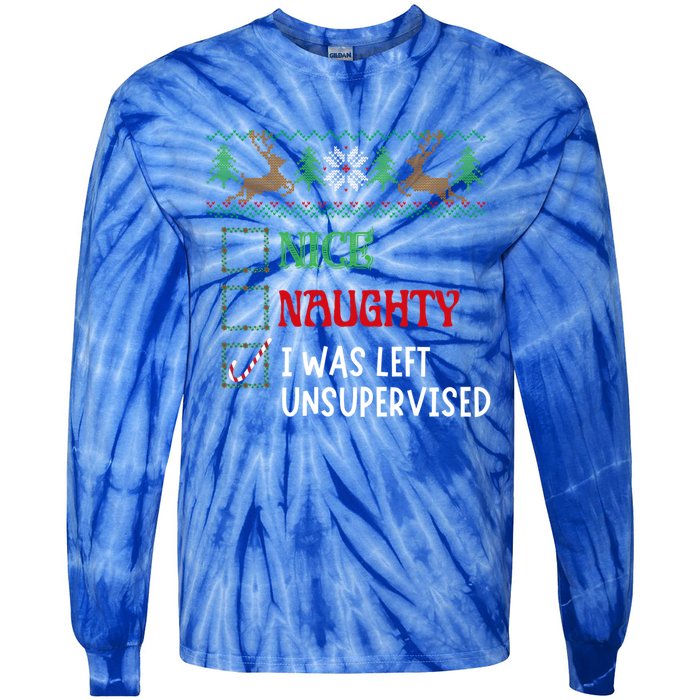 Nice Naughty I Was Left Unsupervised Funny Retro Christmas Cute Gift Tie-Dye Long Sleeve Shirt