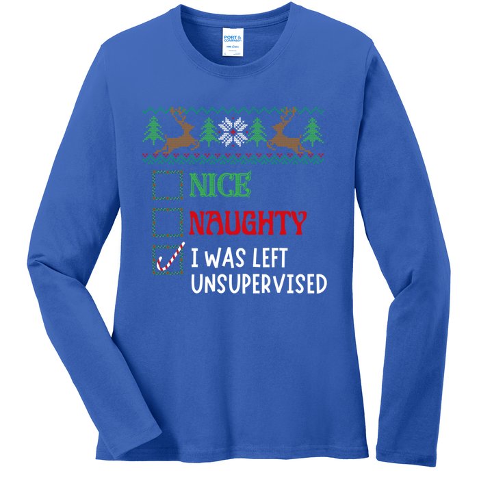 Nice Naughty I Was Left Unsupervised Funny Retro Christmas Cute Gift Ladies Long Sleeve Shirt