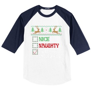 Nice Naughty I Was Left Unsupervised Funny Retro Christmas Cute Gift Baseball Sleeve Shirt