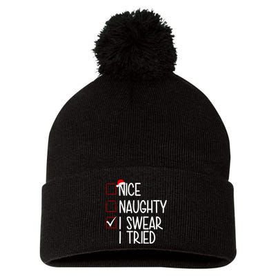 Nice Naughty I Swear I Tired Funny Christmas Holiday Pom Pom 12in Knit Beanie