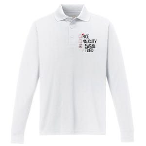 Nice Naughty I Swear I Tired Funny Christmas Holiday Performance Long Sleeve Polo