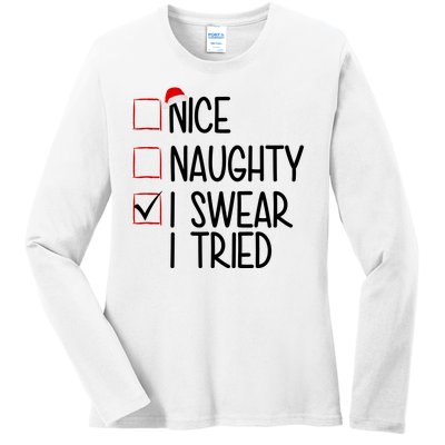 Nice Naughty I Swear I Tired Funny Christmas Holiday Ladies Long Sleeve Shirt