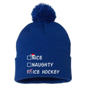 Nice Naughty Ice Hockey Funny Christmas Ice Hockey Player Gift Pom Pom 12in Knit Beanie