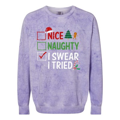 Nice Naughty I Swear I Tried Christmas List Xmas Santa Claus Colorblast Crewneck Sweatshirt