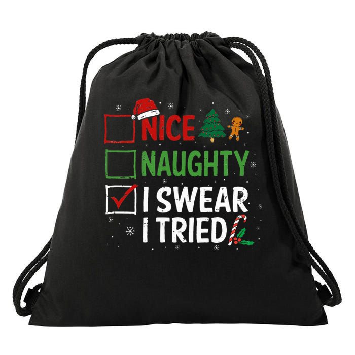 Nice Naughty I Swear I Tried Christmas List Xmas Santa Claus Drawstring Bag