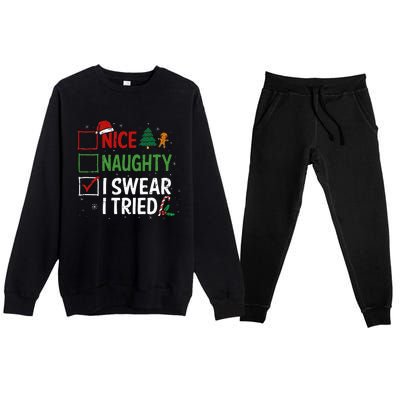 Nice Naughty I Swear I Tried Christmas List Xmas Santa Claus Premium Crewneck Sweatsuit Set