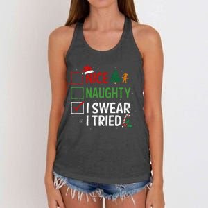 Nice Naughty I Swear I Tried Christmas List Xmas Santa Claus Women's Knotted Racerback Tank