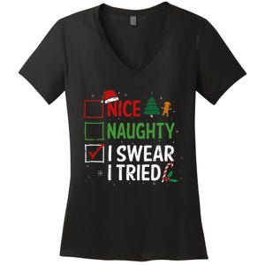 Nice Naughty I Swear I Tried Christmas List Xmas Santa Claus Women's V-Neck T-Shirt