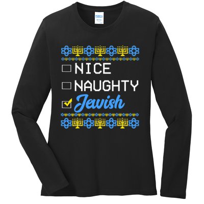 Nice Naughty Jewish Ugly Hanukkah Sweater Cute Chanukah Gift Ladies Long Sleeve Shirt