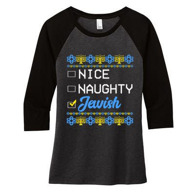 Nice Naughty Jewish Ugly Hanukkah Sweater Cute Chanukah Gift Women's Tri-Blend 3/4-Sleeve Raglan Shirt