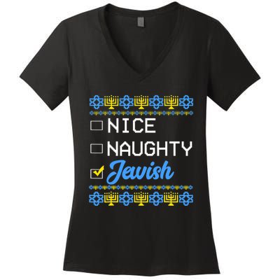 Nice Naughty Jewish Ugly Hanukkah Sweater Cute Chanukah Gift Women's V-Neck T-Shirt