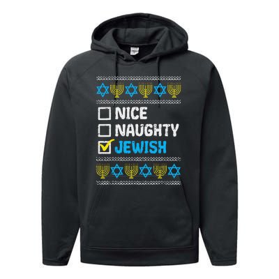 Nice Naughty Jewish Ugly Hanukkah Sweater Chanukah Jew Gift Short Sleeve Performance Fleece Hoodie