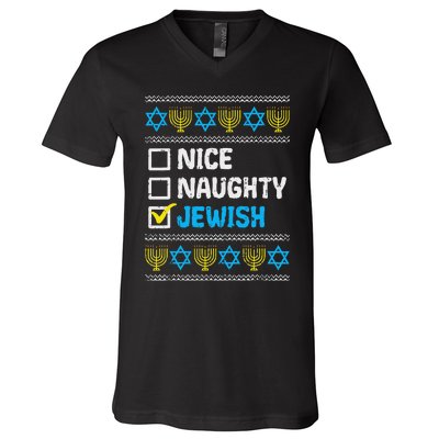 Nice Naughty Jewish Ugly Hanukkah Sweater Chanukah Jew Gift Short Sleeve V-Neck T-Shirt