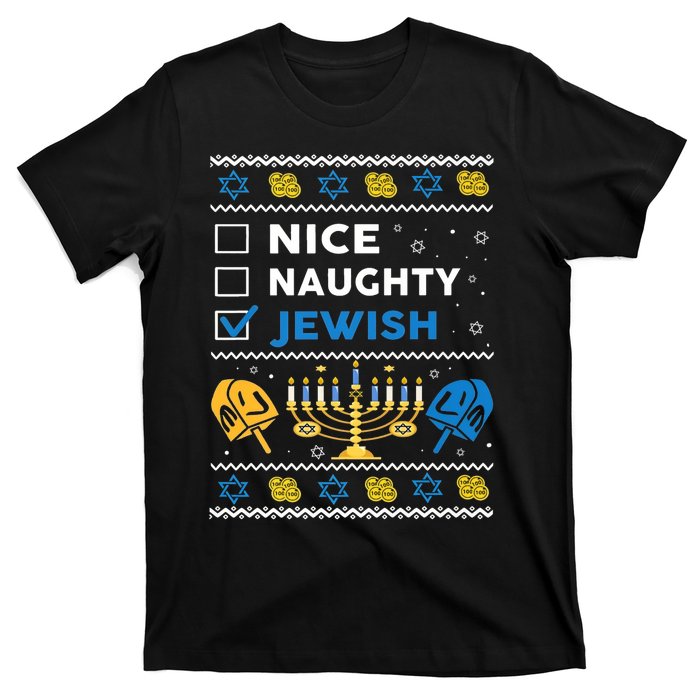 Nice Naughty Jewish Ugly Hanukkah Sweater Chanukah Jew Xmas T-Shirt