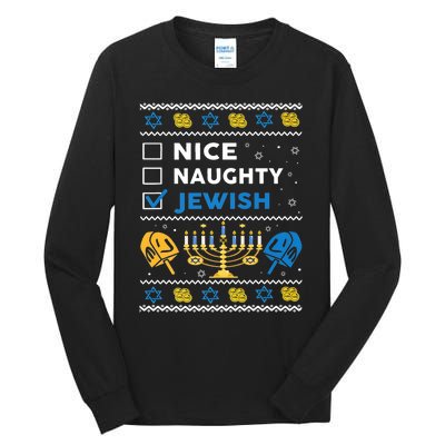 Nice Naughty Jewish Ugly Hanukkah Sweater Chanukah Jew Xmas Tall Long Sleeve T-Shirt