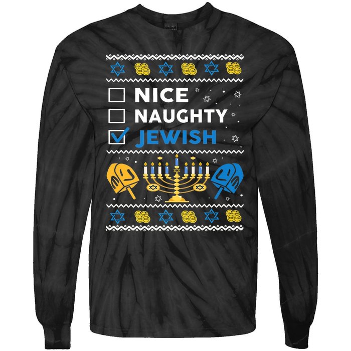 Nice Naughty Jewish Ugly Hanukkah Sweater Chanukah Jew Xmas Tie-Dye Long Sleeve Shirt