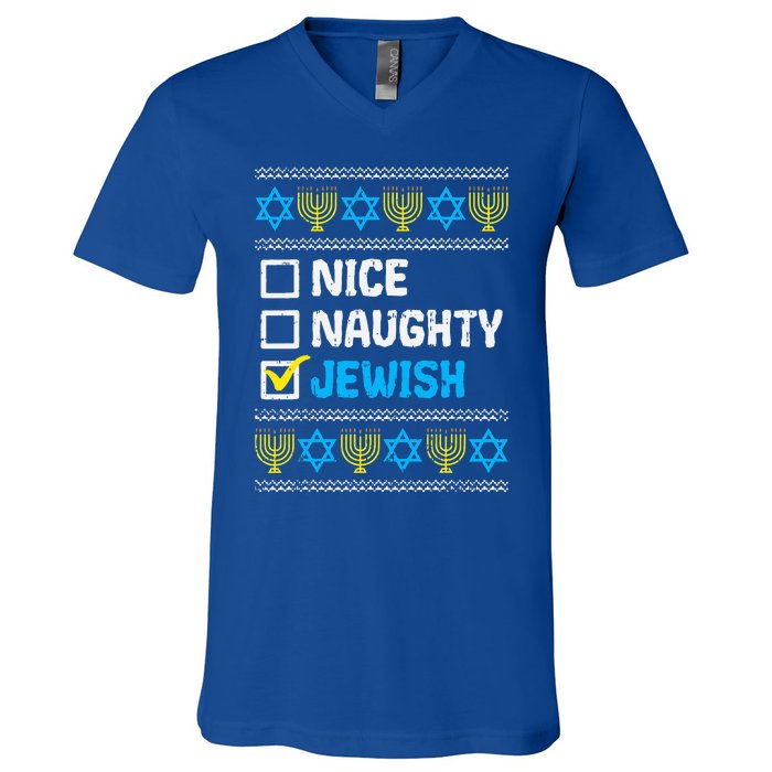 Nice Naughty Jewish Ugly Hanukkah Sweater Chanukah Jew Gift  V-Neck T-Shirt