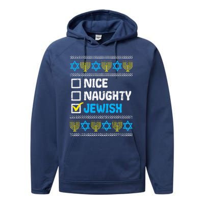 Nice Naughty Jewish Ugly Hanukkah Sweater Chanukah Jew Gift  Performance Fleece Hoodie