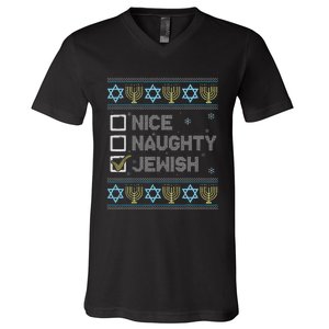 Nice Naughty Jewish Ugly Hanukkah Sweater Chanukah Jew V-Neck T-Shirt