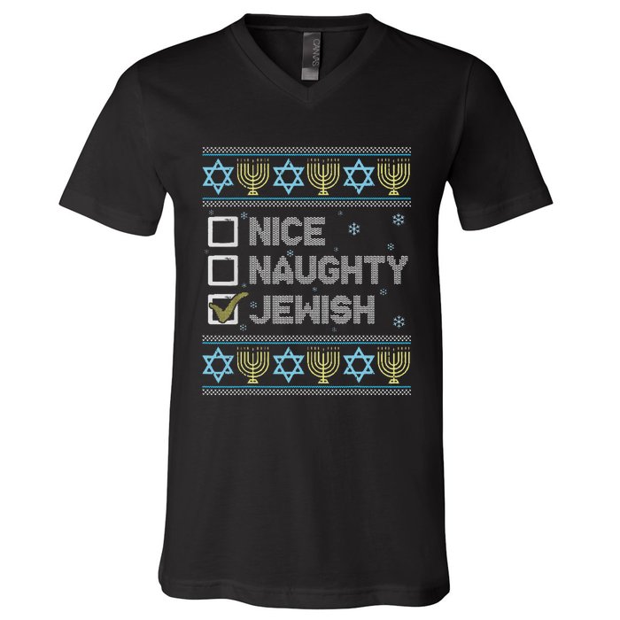 Nice Naughty Jewish Ugly Hanukkah Sweater Chanukah Jew V-Neck T-Shirt