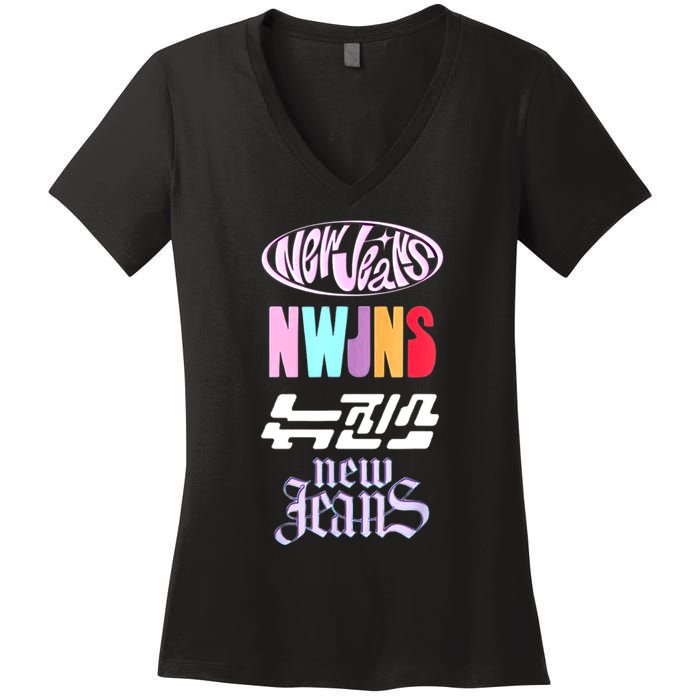 Newjeans New Jeans Nwjns Kpop Logos Women's V-Neck T-Shirt