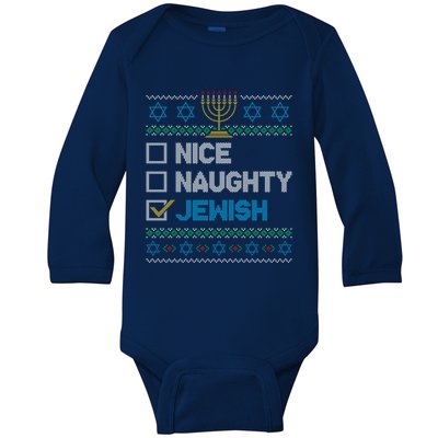 Nice Naughty Jewish Ugly Christmas Sweater Funny Hanukkah Gift Baby Long Sleeve Bodysuit