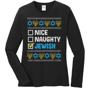 Nice Naughty Jewish Ugly Hanukkah Sweater Chanukah Jew Ladies Long Sleeve Shirt