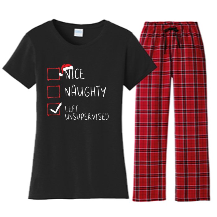 Nice Naughty Left Unsupervised Christmas List Santa Claus Women's Flannel Pajama Set