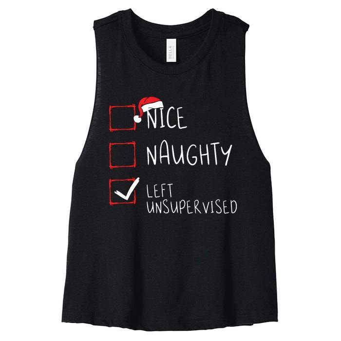 Nice Naughty Left Unsupervised Christmas List Santa Claus Women's Racerback Cropped Tank