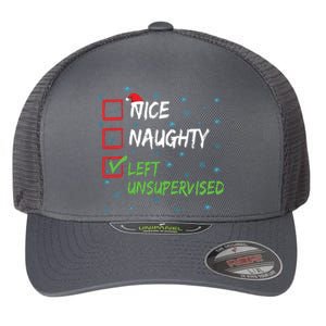 Nice Naughty Left Unsupervised Christmas List Flexfit Unipanel Trucker Cap