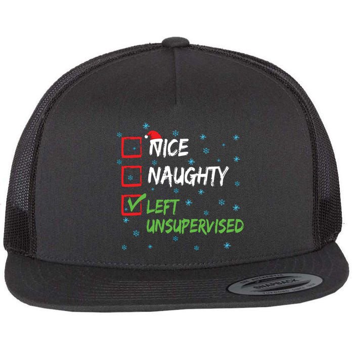 Nice Naughty Left Unsupervised Christmas List Flat Bill Trucker Hat