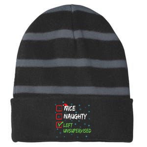 Nice Naughty Left Unsupervised Christmas List Striped Beanie with Solid Band