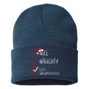 Nice Naughty Left Unsupervised Christmas List Santa Claus Sustainable Knit Beanie