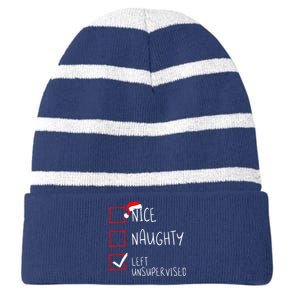 Nice Naughty Left Unsupervised Christmas List Santa Claus Striped Beanie with Solid Band