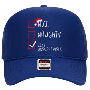 Nice Naughty Left Unsupervised Christmas List Santa Claus High Crown Mesh Back Trucker Hat