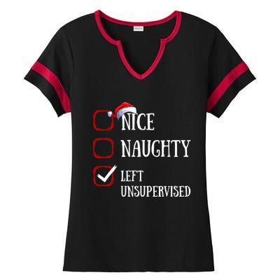 Nice Naughty Left Unsupervised Christmas List Santa Claus Meaningful Gift Ladies Halftime Notch Neck Tee