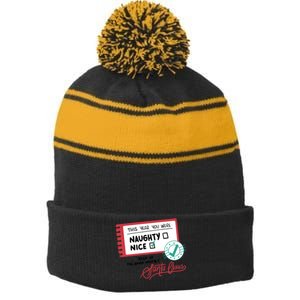 Naughty Nice List Santa Stripe Pom Pom Beanie