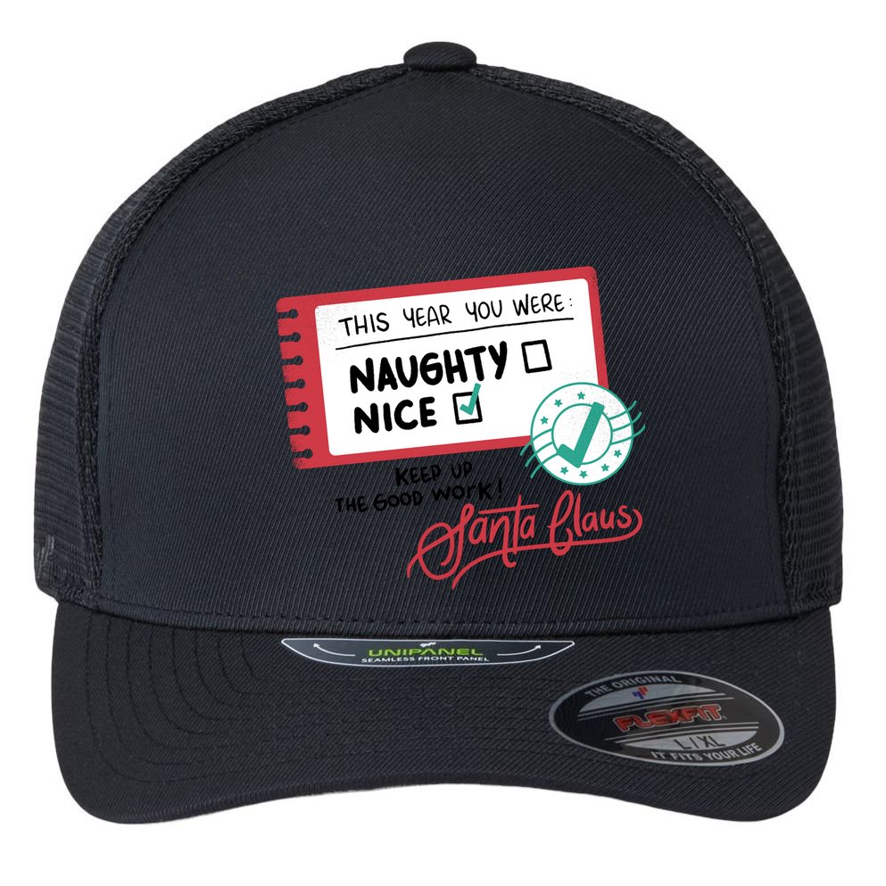 Naughty Nice List Santa Flexfit Unipanel Trucker Cap