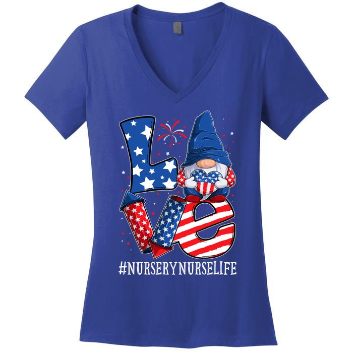 Nursery Nurse Love 4th Of July Gnome Usa Patriotic Gift Women's V-Neck T-Shirt