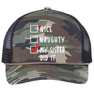 Nice Naughty My Sister Did It Christmas Holiday List Funny Funny Gift Retro Rope Trucker Hat Cap